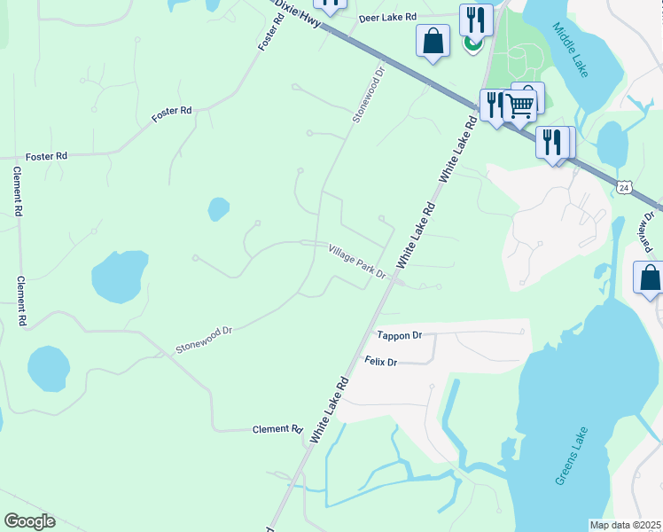 map of restaurants, bars, coffee shops, grocery stores, and more near 7430 South Village Drive in Clarkston