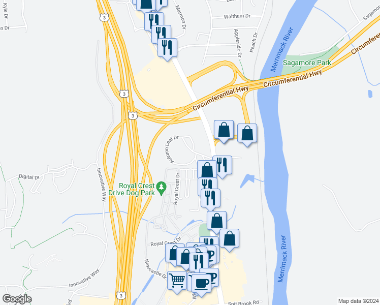 map of restaurants, bars, coffee shops, grocery stores, and more near 5 Autumn Leaf Drive in Nashua