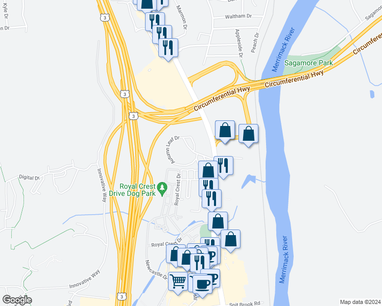 map of restaurants, bars, coffee shops, grocery stores, and more near 4 Autumn Leaf Drive in Nashua