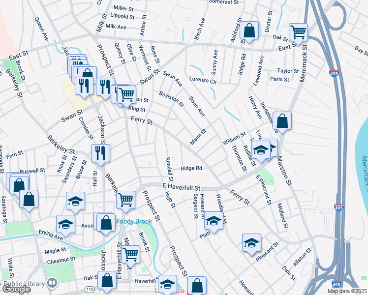 map of restaurants, bars, coffee shops, grocery stores, and more near 171 Ferry Street in Lawrence