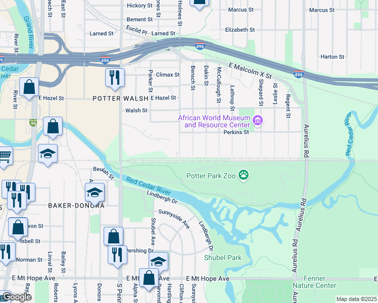 map of restaurants, bars, coffee shops, grocery stores, and more near 1229 South Holmes Street in Lansing