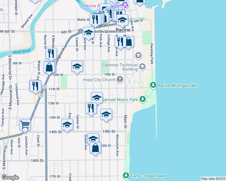 map of restaurants, bars, coffee shops, grocery stores, and more near 1101 College Avenue in Racine