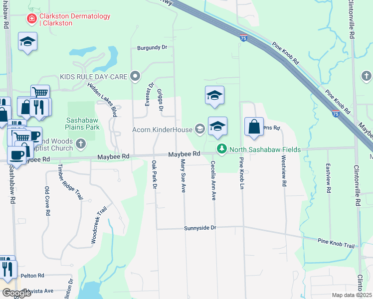 map of restaurants, bars, coffee shops, grocery stores, and more near 5480 Maybee Road in Clarkston