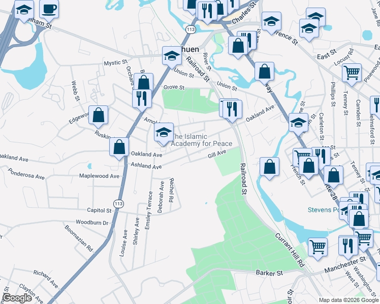 map of restaurants, bars, coffee shops, grocery stores, and more near 29 Ashland Avenue in Methuen