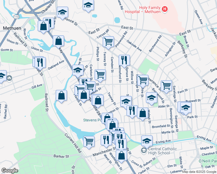 map of restaurants, bars, coffee shops, grocery stores, and more near 34 Center Street in Methuen