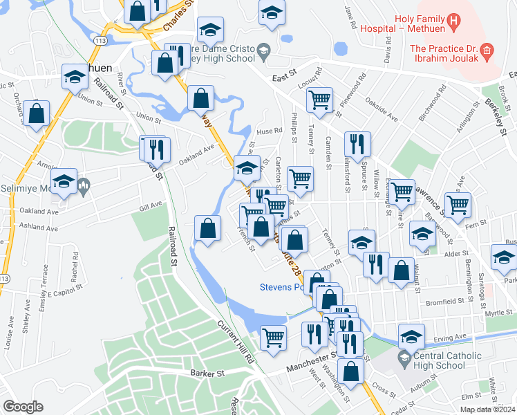 map of restaurants, bars, coffee shops, grocery stores, and more near 42 Blake Street in Methuen