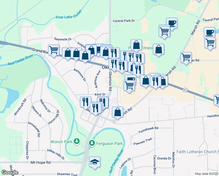 map of restaurants, bars, coffee shops, grocery stores, and more near 4787 Okemos Rd in Meridian Charter Township