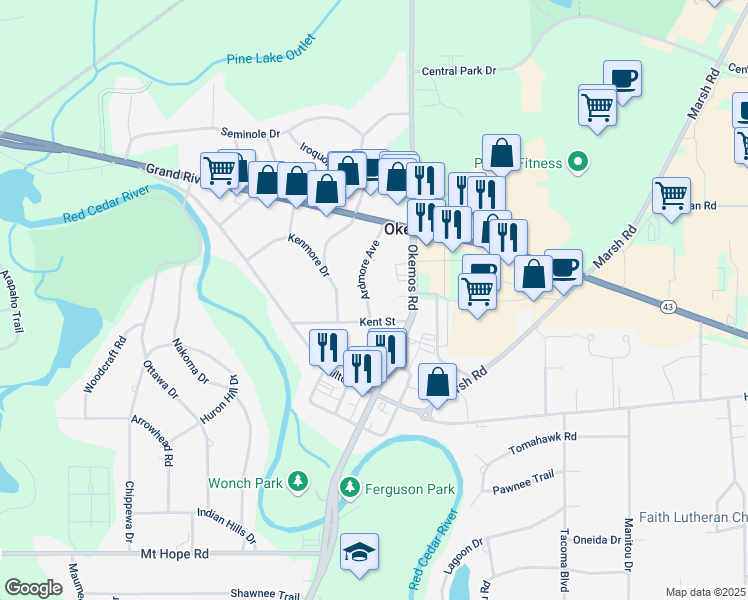 map of restaurants, bars, coffee shops, grocery stores, and more near 4792 Ardmore Avenue in Meridian charter Township