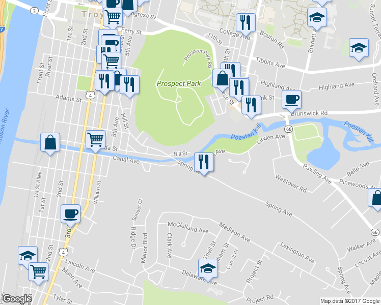 map of restaurants, bars, coffee shops, grocery stores, and more near 305 Hill Street in Troy