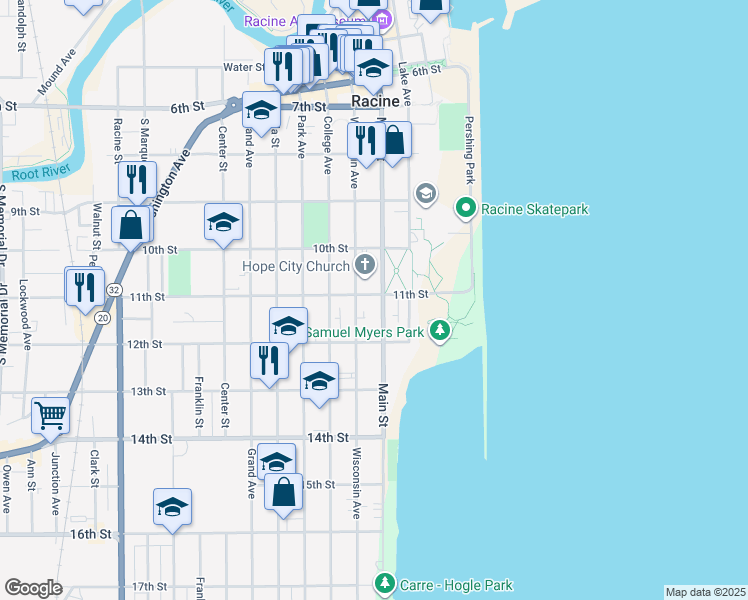 map of restaurants, bars, coffee shops, grocery stores, and more near 1100 Main Street in Racine