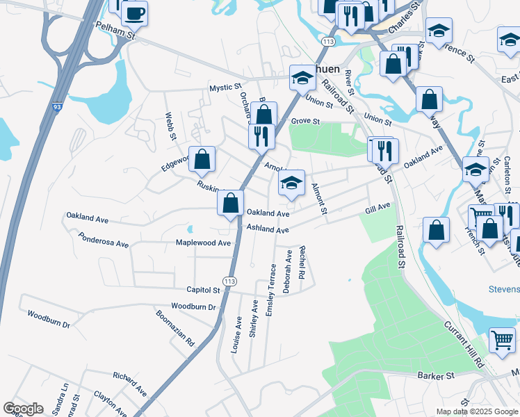 map of restaurants, bars, coffee shops, grocery stores, and more near 139 Oakland Ave in Methuen