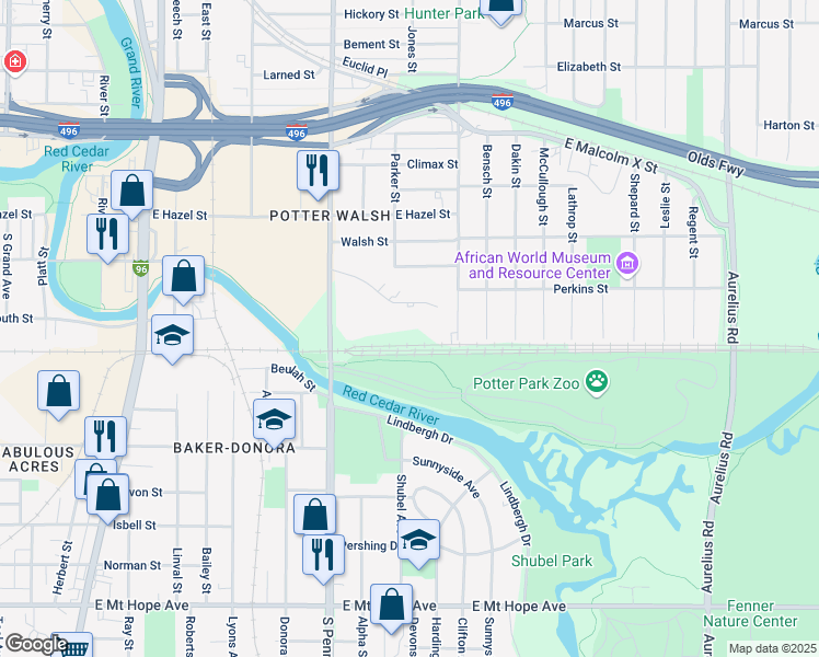 map of restaurants, bars, coffee shops, grocery stores, and more near 1232 Haco Drive in Lansing