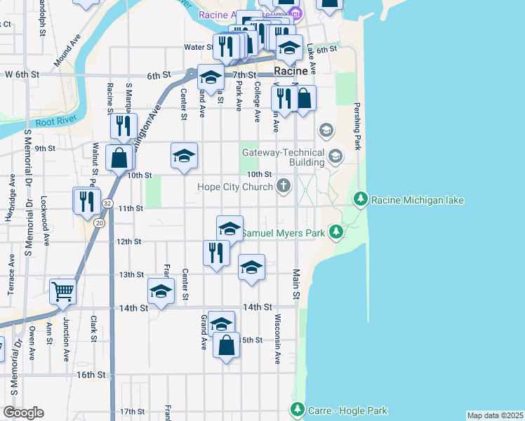map of restaurants, bars, coffee shops, grocery stores, and more near 1101 College Avenue in Racine