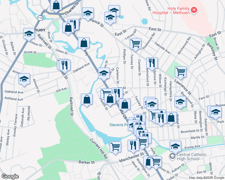 map of restaurants, bars, coffee shops, grocery stores, and more near 113 Center Street in Methuen