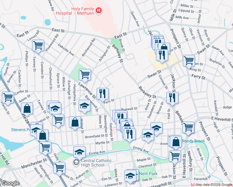 map of restaurants, bars, coffee shops, grocery stores, and more near 45 Fern Street in Lawrence