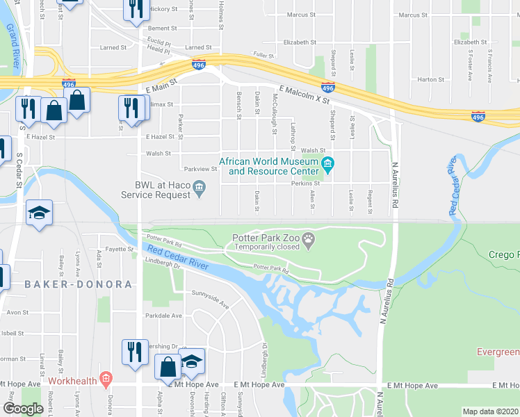 map of restaurants, bars, coffee shops, grocery stores, and more near 1229 Dakin Street in Lansing