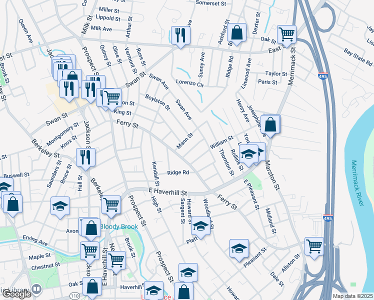 map of restaurants, bars, coffee shops, grocery stores, and more near 35 Linehan Street in Lawrence