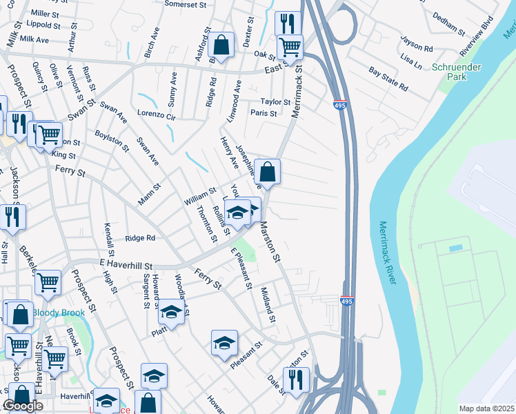 map of restaurants, bars, coffee shops, grocery stores, and more near 16 Young Avenue in Lawrence