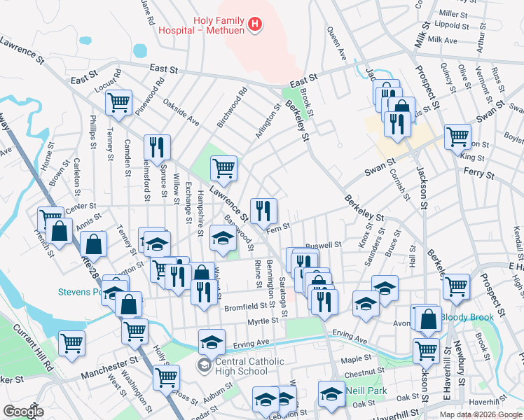 map of restaurants, bars, coffee shops, grocery stores, and more near 120 Bennington Street in Lawrence