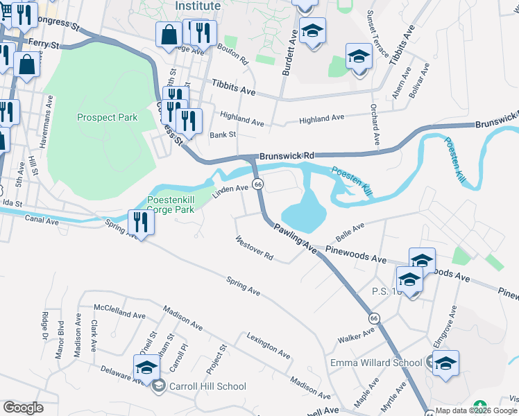 map of restaurants, bars, coffee shops, grocery stores, and more near 32 Pawling Avenue in Troy