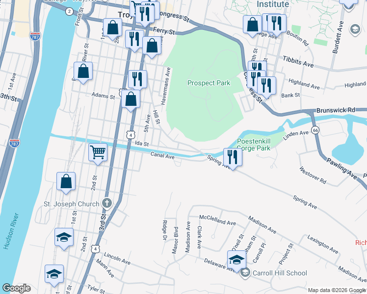 map of restaurants, bars, coffee shops, grocery stores, and more near 200 Hill Street in Troy