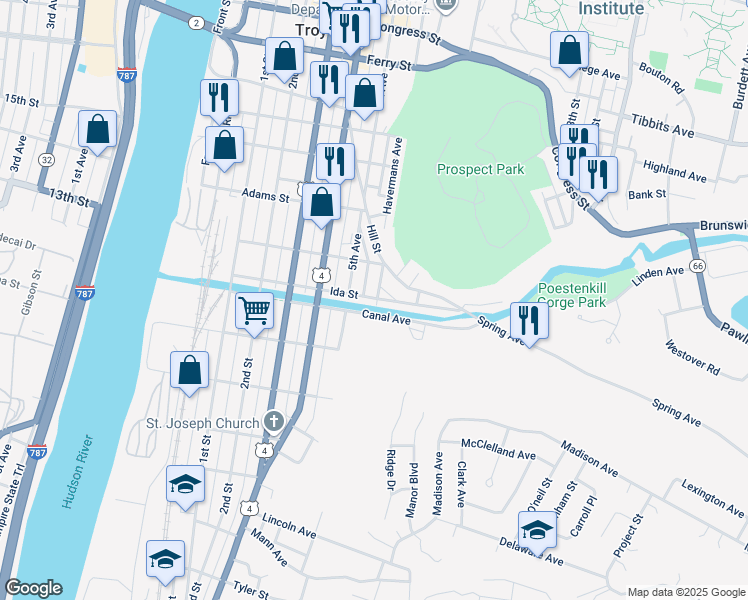 map of restaurants, bars, coffee shops, grocery stores, and more near 111 Ida Street in Troy