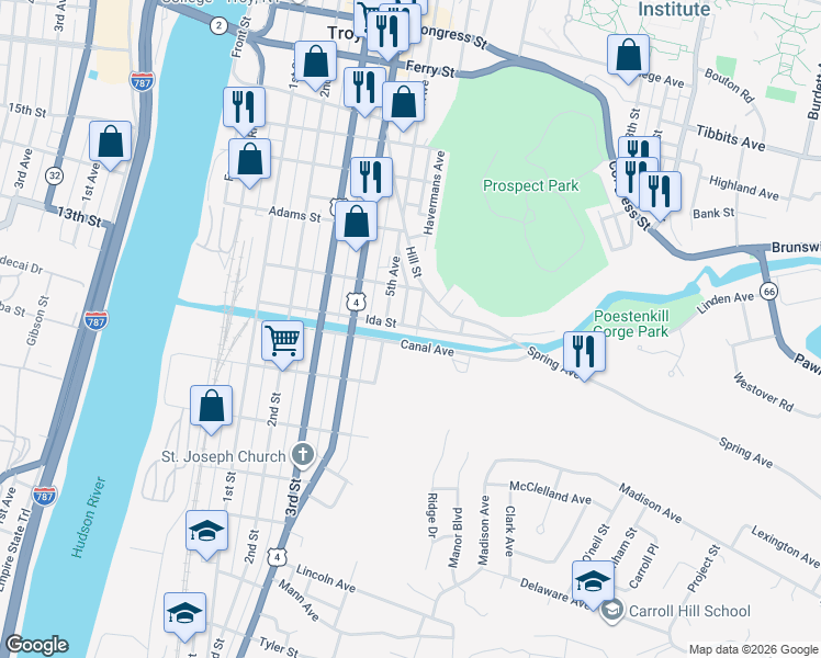 map of restaurants, bars, coffee shops, grocery stores, and more near 111 Ida Street in Troy