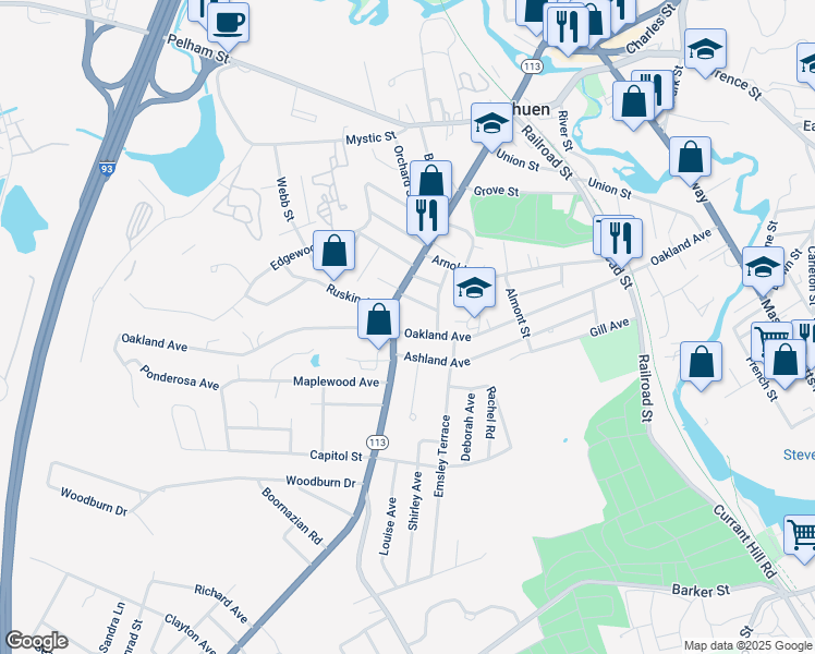 map of restaurants, bars, coffee shops, grocery stores, and more near 139 Oakland Avenue in Methuen