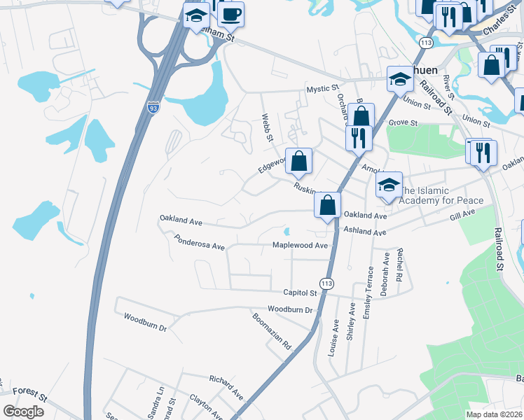 map of restaurants, bars, coffee shops, grocery stores, and more near 215 Oakland Avenue in Methuen