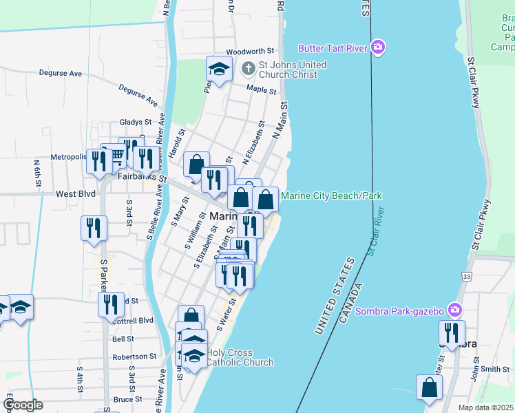 map of restaurants, bars, coffee shops, grocery stores, and more near 215 Pearl Street in Marine City