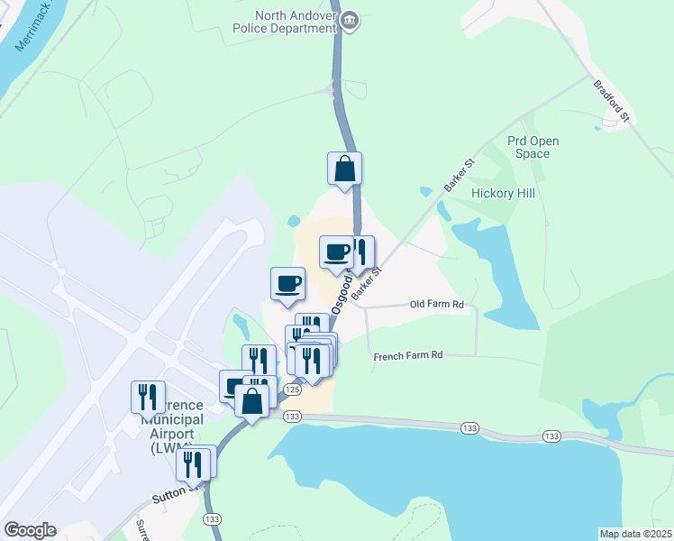 map of restaurants, bars, coffee shops, grocery stores, and more near 1268 Osgood Street in North Andover