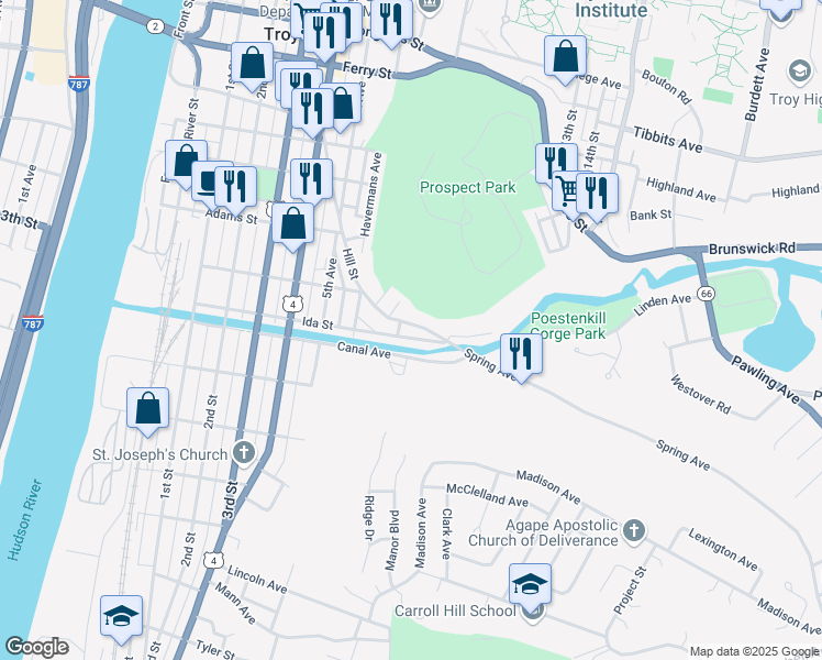 map of restaurants, bars, coffee shops, grocery stores, and more near 200 Hill Street in Troy