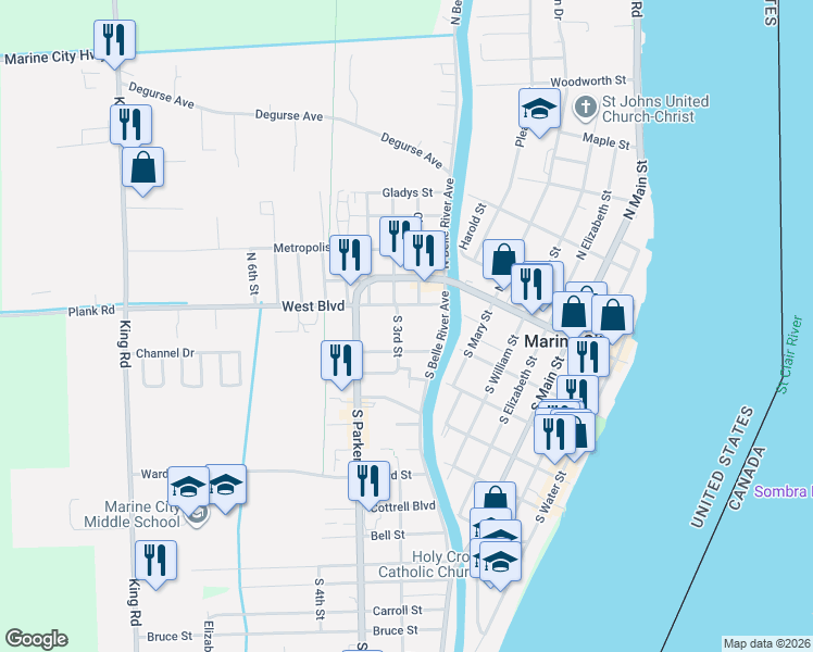 map of restaurants, bars, coffee shops, grocery stores, and more near 133 S 3rd St in Marine City