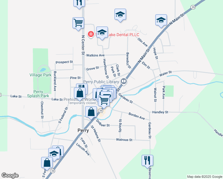 map of restaurants, bars, coffee shops, grocery stores, and more near 21 Page Circle in Perry