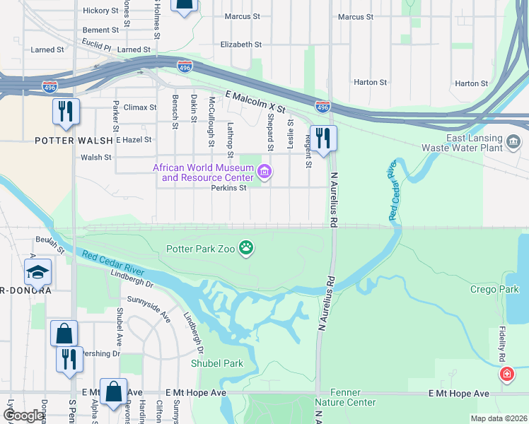map of restaurants, bars, coffee shops, grocery stores, and more near 1234 Shepard St in Lansing
