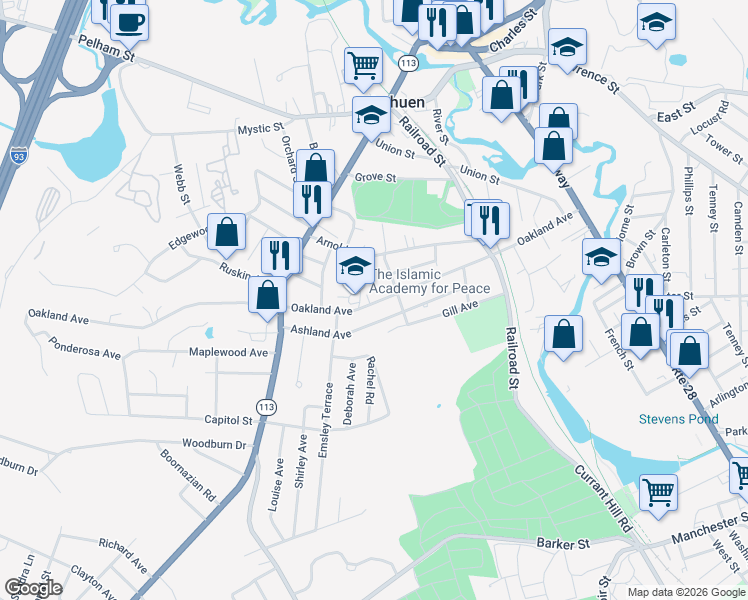map of restaurants, bars, coffee shops, grocery stores, and more near 107 Oakland Avenue in Methuen