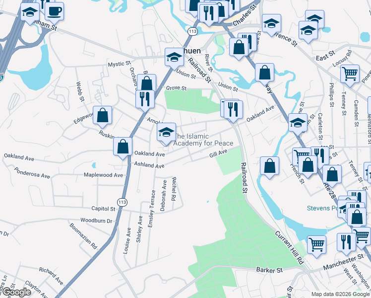 map of restaurants, bars, coffee shops, grocery stores, and more near 107 Oakland Avenue in Methuen