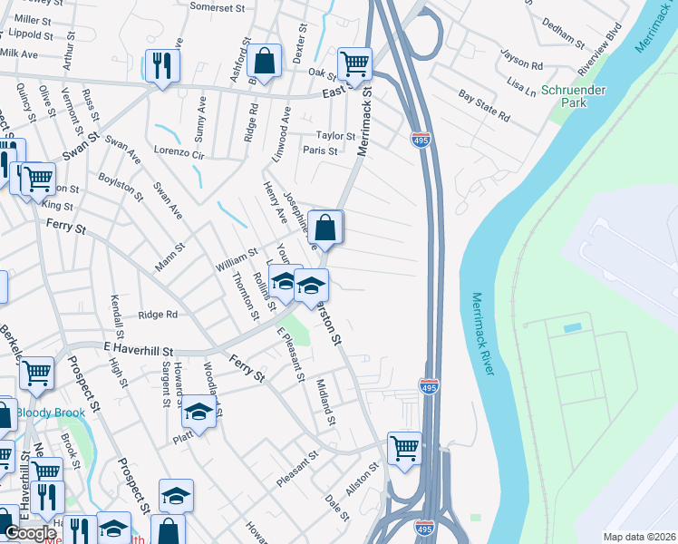 map of restaurants, bars, coffee shops, grocery stores, and more near 11 Hoffman Avenue in Lawrence