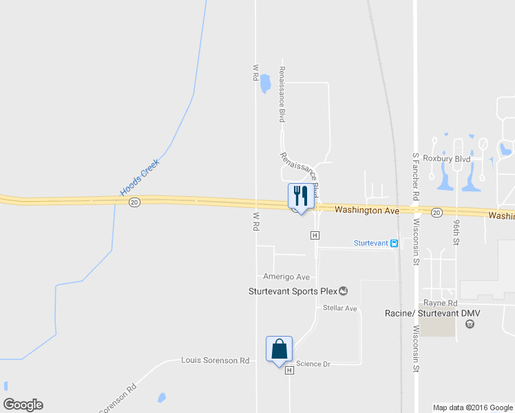 map of restaurants, bars, coffee shops, grocery stores, and more near 10351 Washington Avenue in Sturtevant