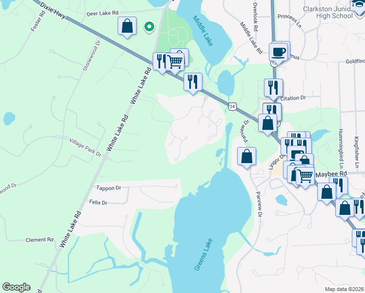 map of restaurants, bars, coffee shops, grocery stores, and more near 5545 Northcrest Village Drive in Clarkston