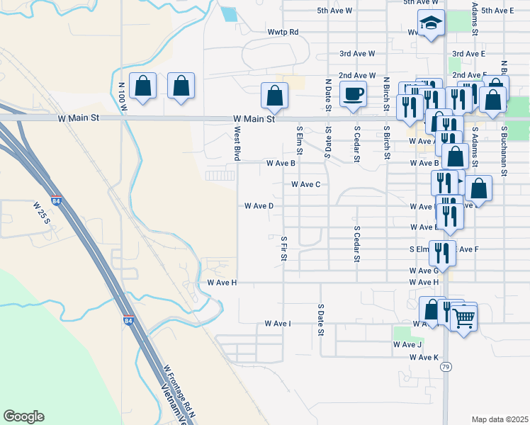 map of restaurants, bars, coffee shops, grocery stores, and more near 725 West Avenue D in Jerome