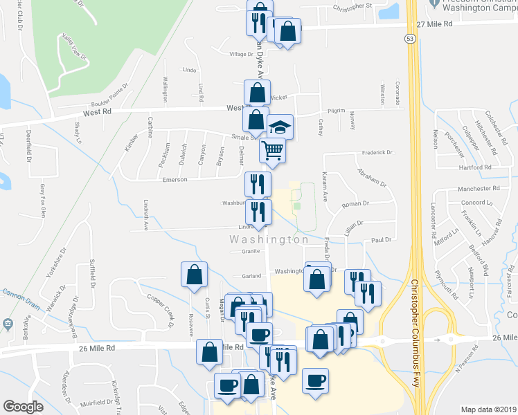 map of restaurants, bars, coffee shops, grocery stores, and more near 57889 Van Dyke Road in Washington