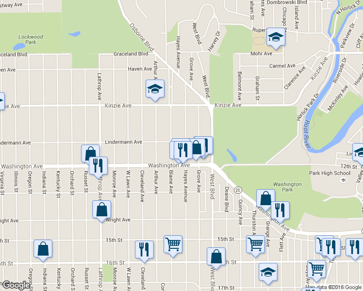 map of restaurants, bars, coffee shops, grocery stores, and more near 1104 Hayes Ave in Racine