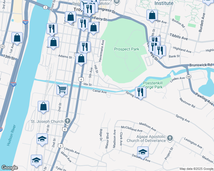 map of restaurants, bars, coffee shops, grocery stores, and more near 175 Hill Street in Troy
