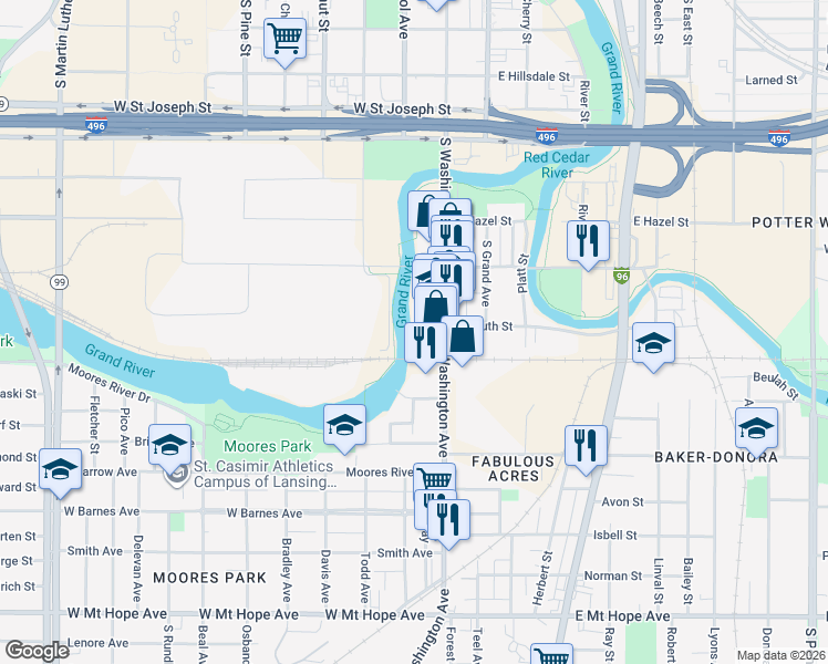 map of restaurants, bars, coffee shops, grocery stores, and more near 125 West South Street in Lansing