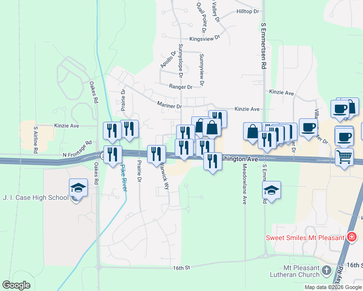 map of restaurants, bars, coffee shops, grocery stores, and more near 1118 South Sunnyslope Drive in Mount Pleasant