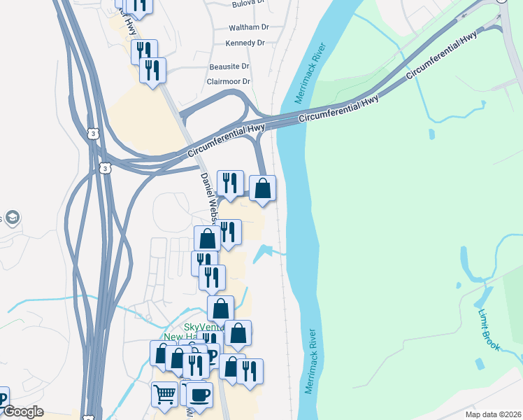 map of restaurants, bars, coffee shops, grocery stores, and more near 168 Daniel Webster Highway in Nashua