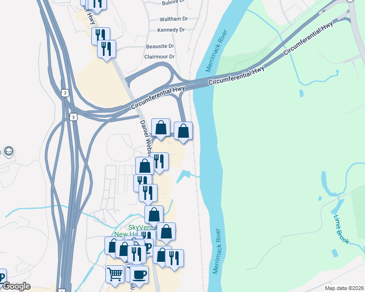 map of restaurants, bars, coffee shops, grocery stores, and more near 168 Daniel Webster Highway in Nashua