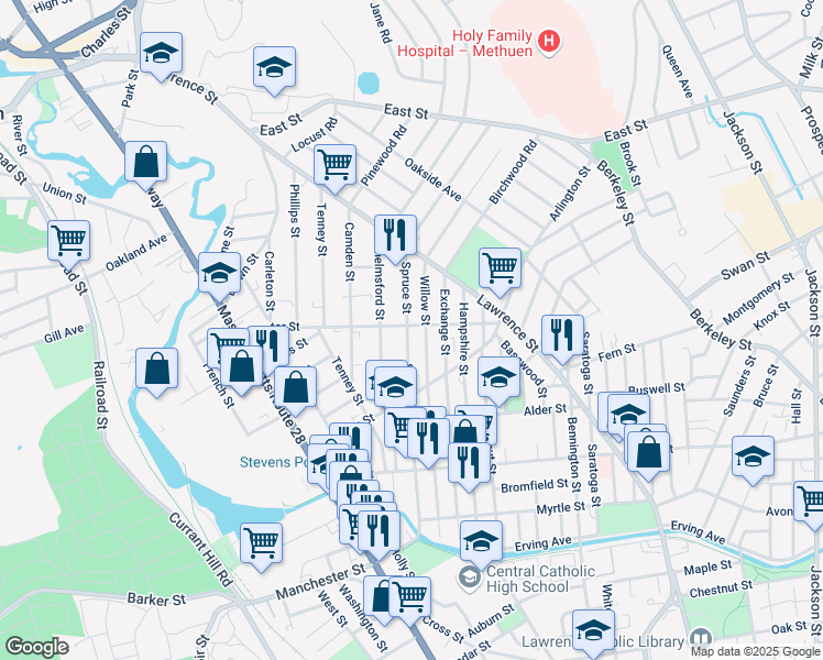 map of restaurants, bars, coffee shops, grocery stores, and more near 62 Center Street in Lawrence