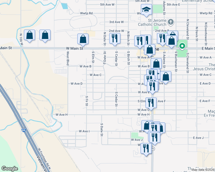 map of restaurants, bars, coffee shops, grocery stores, and more near 425 West Avenue D in Jerome